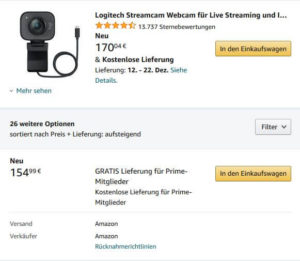 Logitech Streamcam bei Amazon nicht das günstigste Angebot